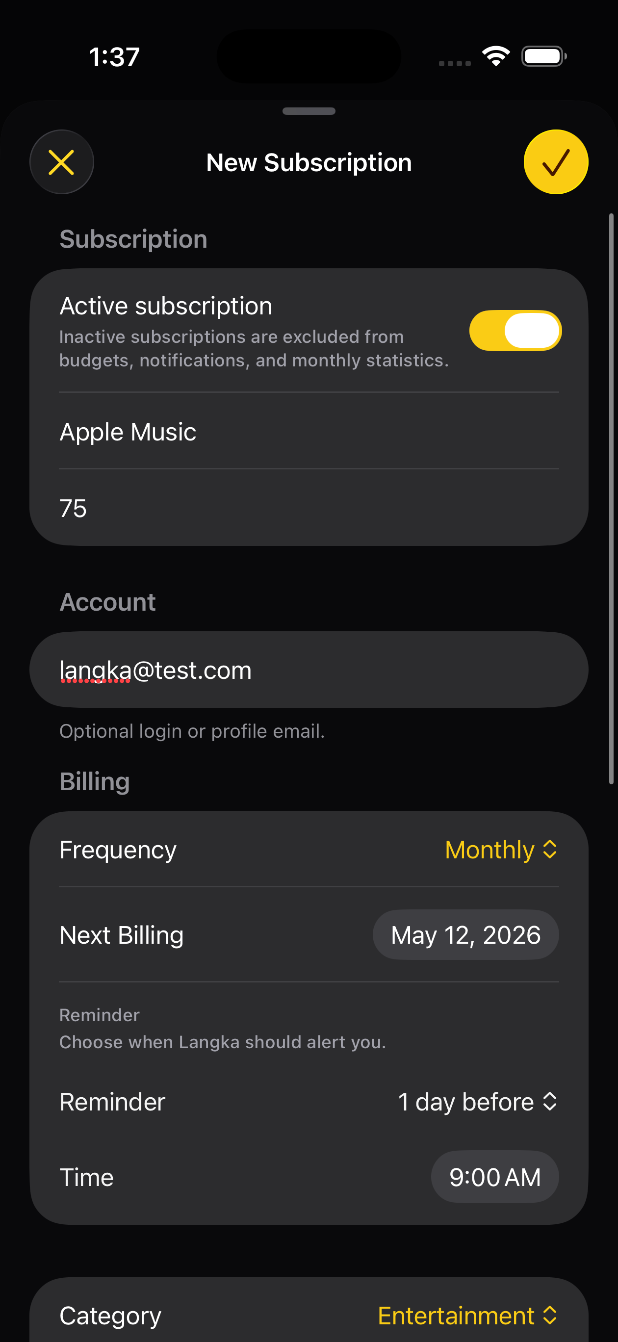 Langka subscription creation details